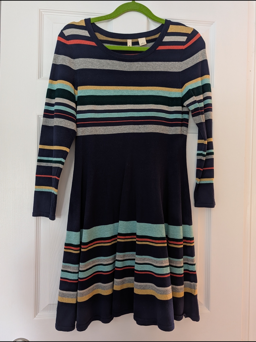 Moth Navy Striped Long-Sleeve Knit Dress with Mint, Coral, Gray & Gold Accents